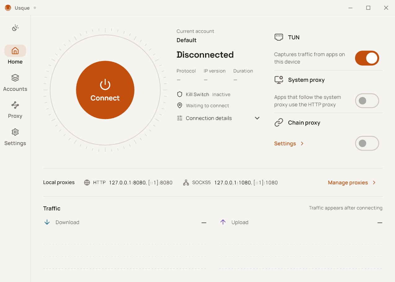 Usque Home screen on Windows: a large Connect button, TUN and system proxy switches, and the local HTTP and SOCKS5 proxy addresses.